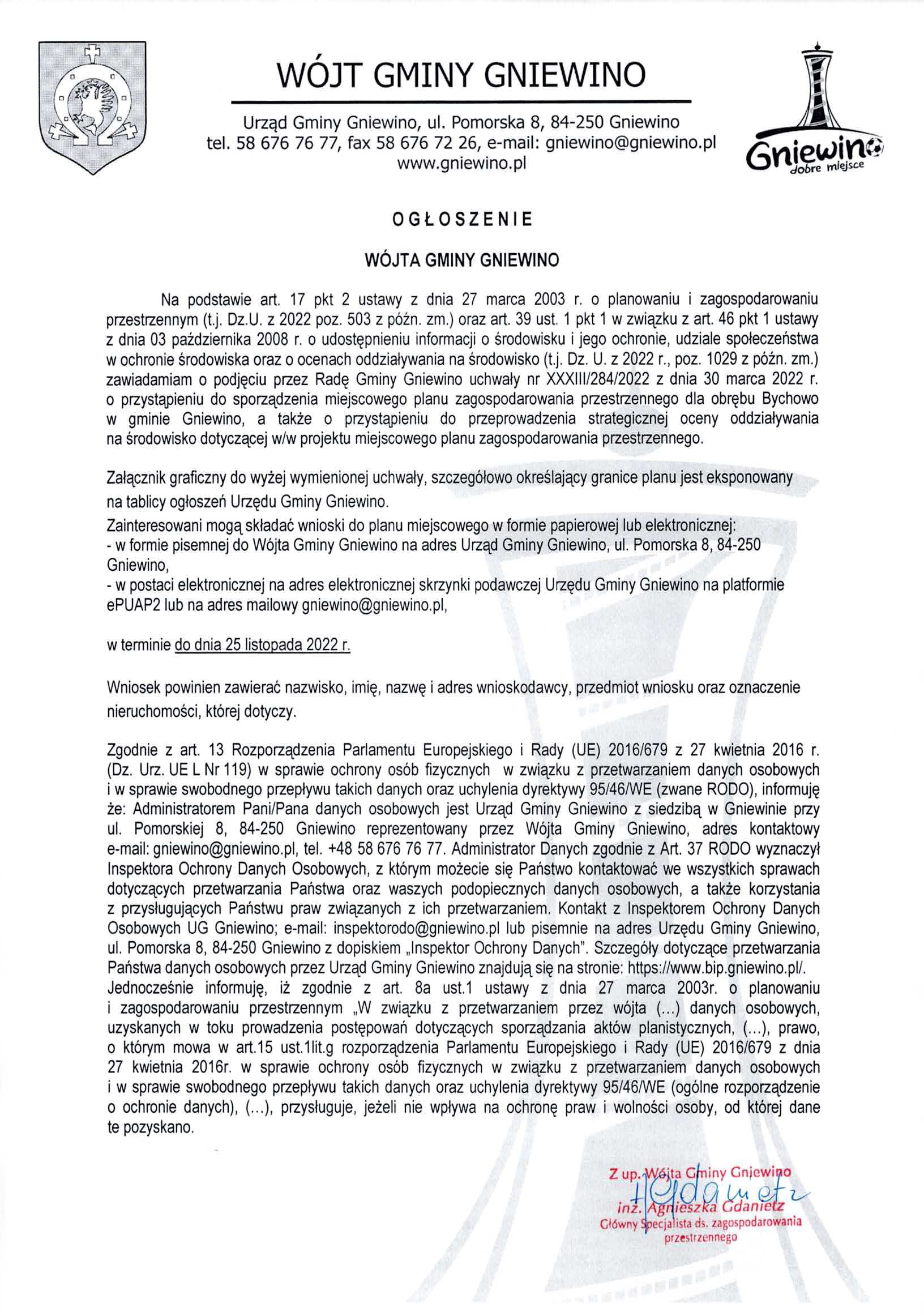 Ogłoszenie o przystąpieniu do sporządzenia miejscowego planu zagospodarowania przestrzennego dla obrębu Bychowo  w gminie Gniewino