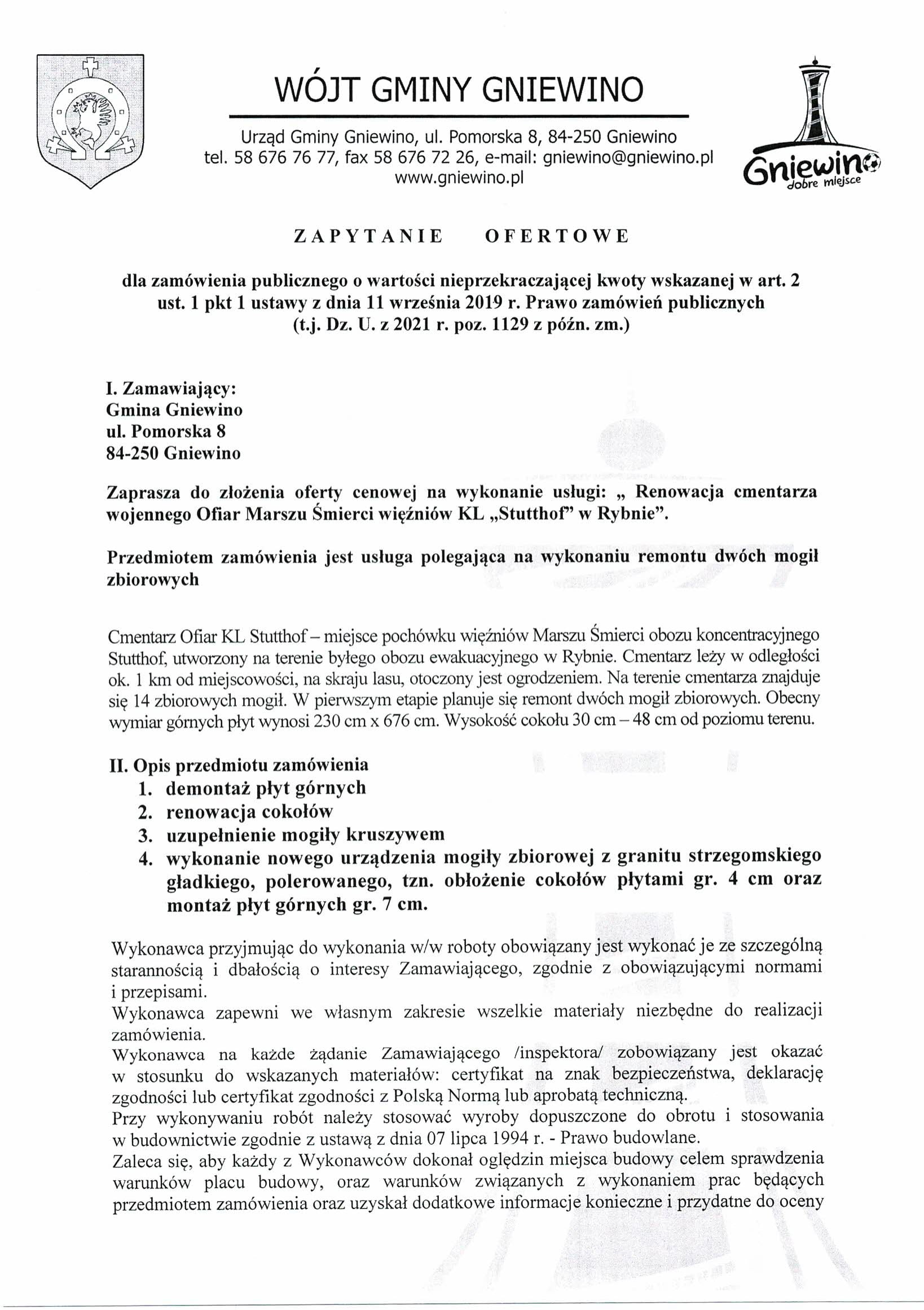 Zapytanie ofertowe dotyczące renowacji cmentarza wojennego Ofiar Marszu Śmierci więźniów KL "Stutthof" w Rybnie
