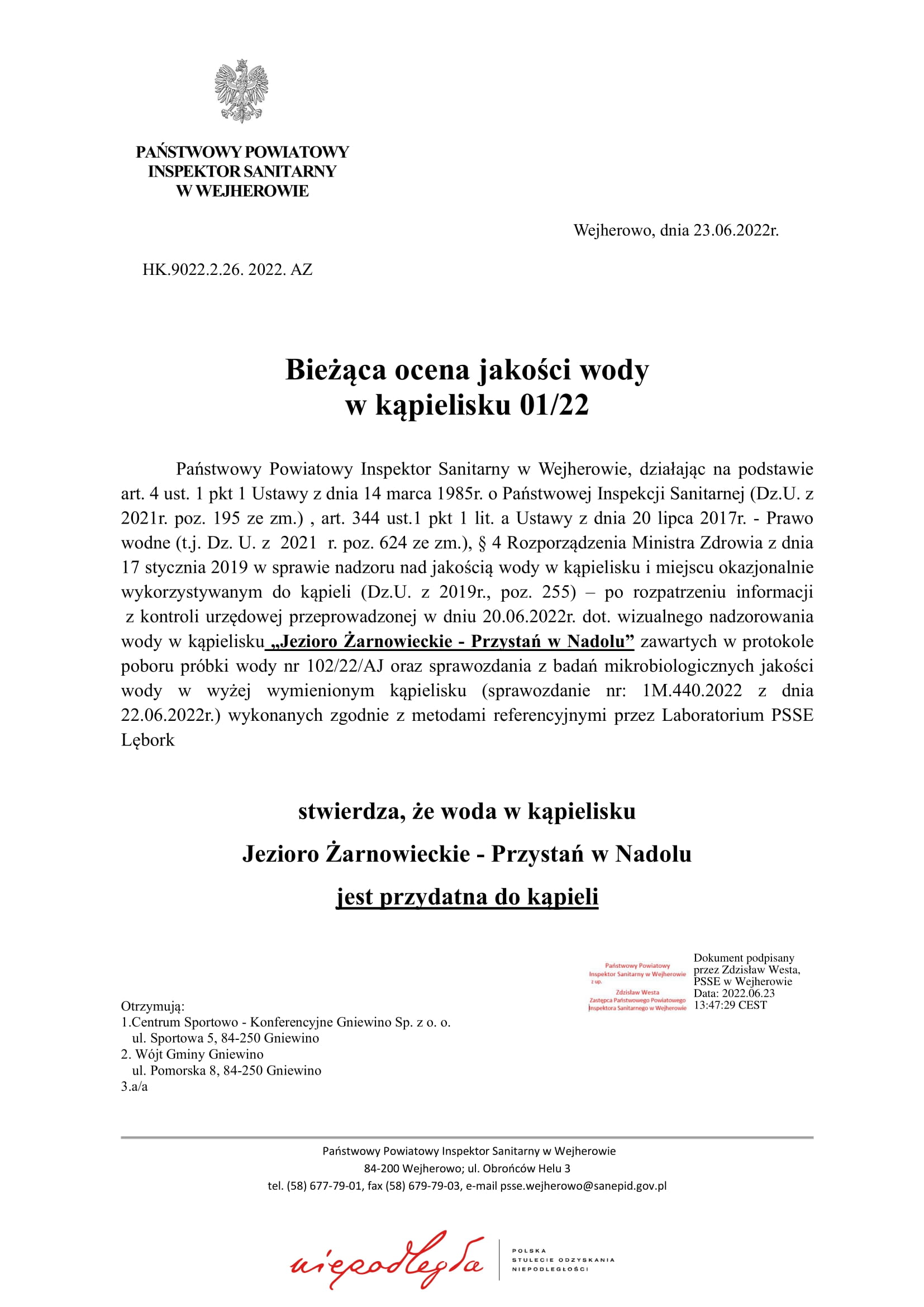 Bieżąca ocena jakości wody w kąpielisku Jezioro Żarnowieckie - Przystań w Nadolu