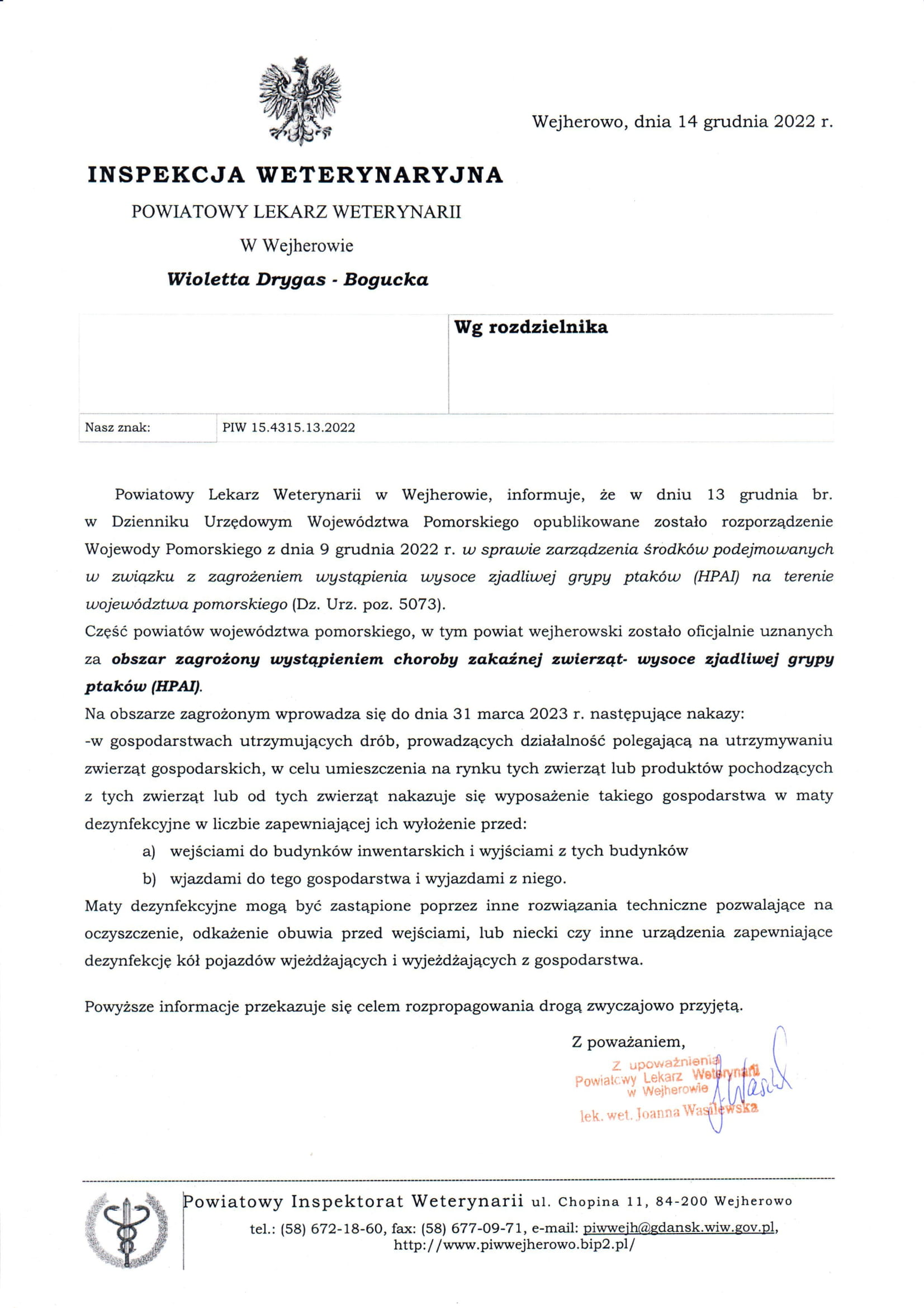 Informacja od Powiatowego Lekarza Weterynarii w Wejherowie