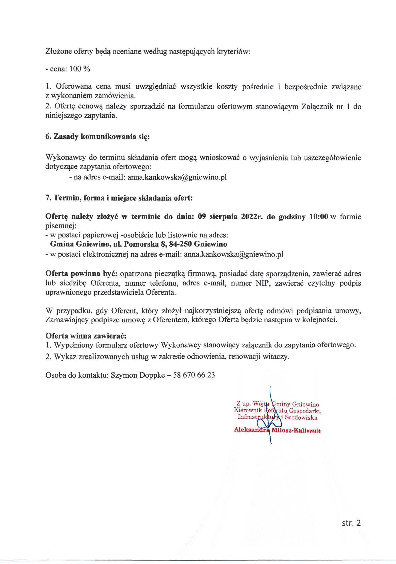 zapytaniem ofertowym na odnowienie witaczy umiejscowionych na terenie Gminy Gniewino. 