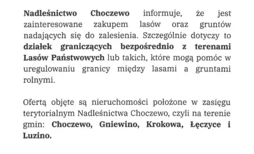 Zdjęcie do Nadleśnictwo Choczewo kupi lasy i grunty do zalesienia 
