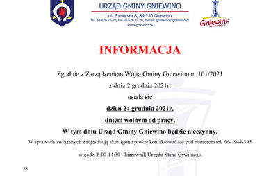 Zdjęcie do Nieczynny Urząd Gminy w dniu 24.12.2021 r.