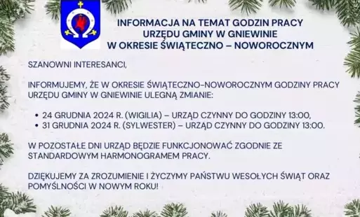 Zdjęcie do Informacja na temat godzin pracy Urzędu Gminy w Gniewinie w okresie świąteczno-noworocznym