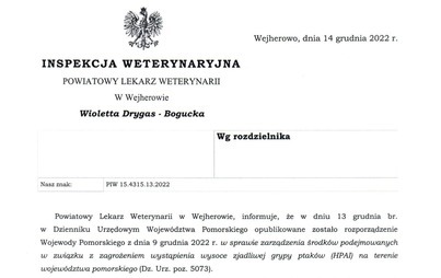 Zdjęcie do Informacja od Powiatowego Lekarza Weterynarii w Wejherowie