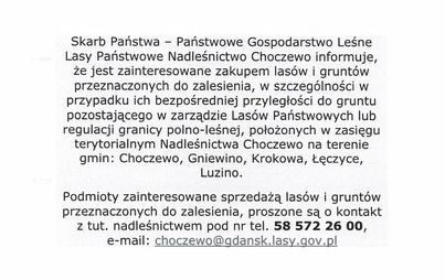 Zdjęcie do Informacja Nadleśnictwa Choczewo dotycząca grunt&oacute;w leśnych