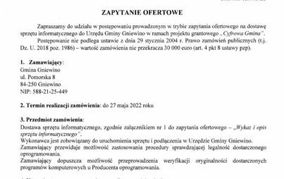 Zdjęcie do Zapytanie ofertowe na dostawę sprzętu informatycznego dla Urzędu Gminy Gniewino