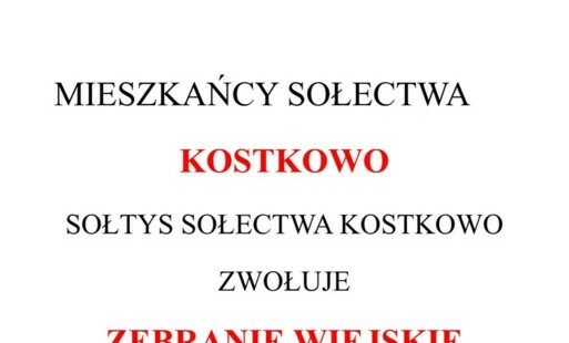 Zdjęcie do Zaprosznie na zebranie wiejskie Sołectwa Kostkowo